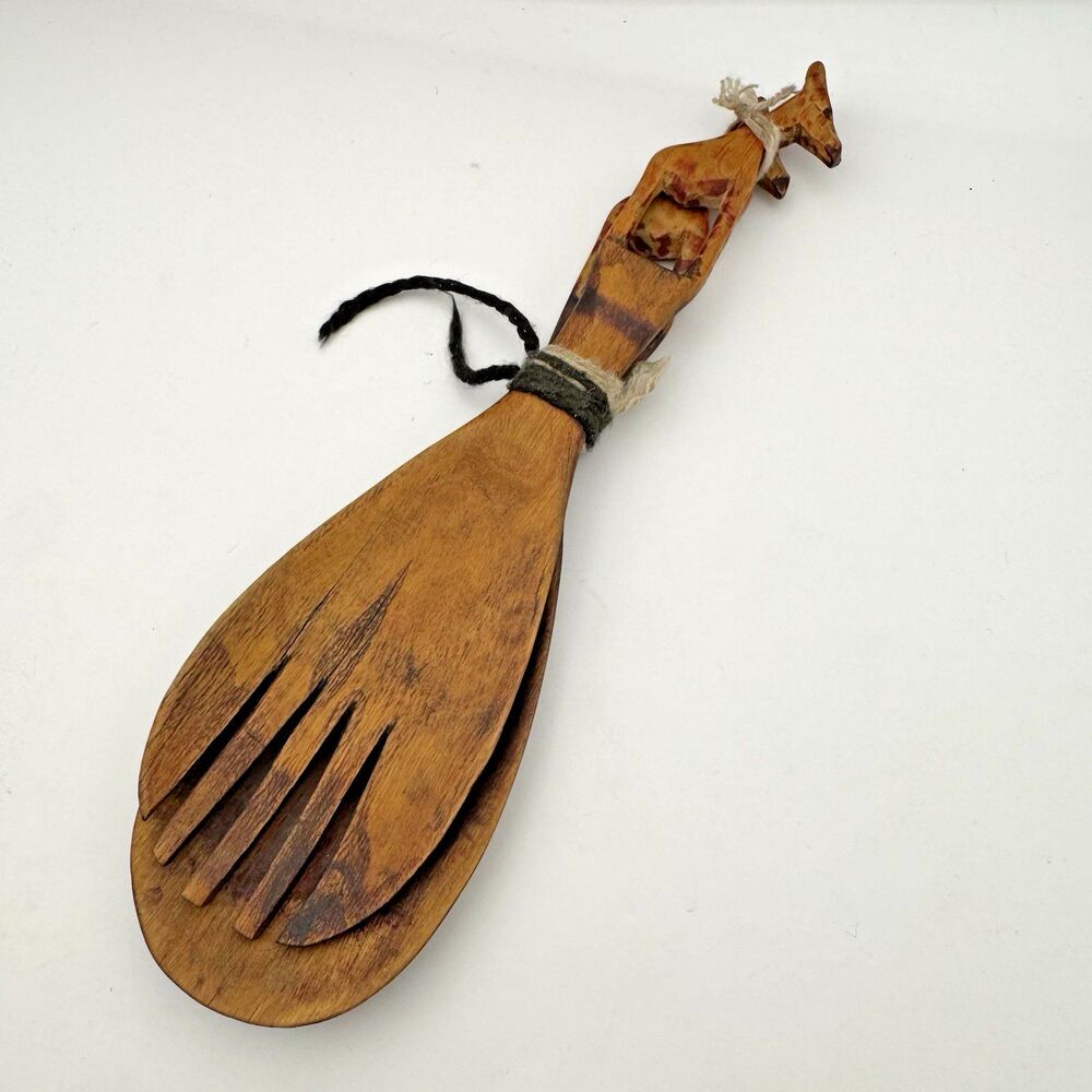 VTG Wooden Giraffe Wooden Salad Serving Set Fork and Spoon Hand Carved